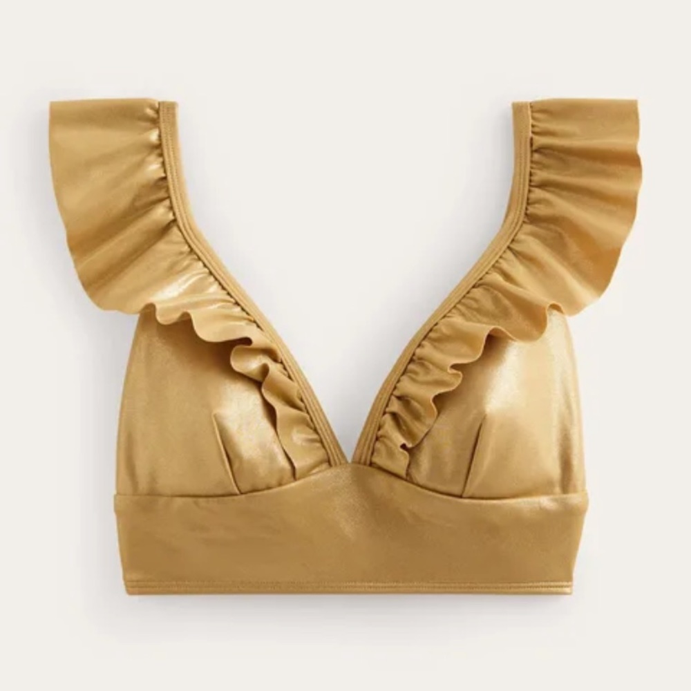 Boden Palermo Ruffle V Neck bikini top in gold lame